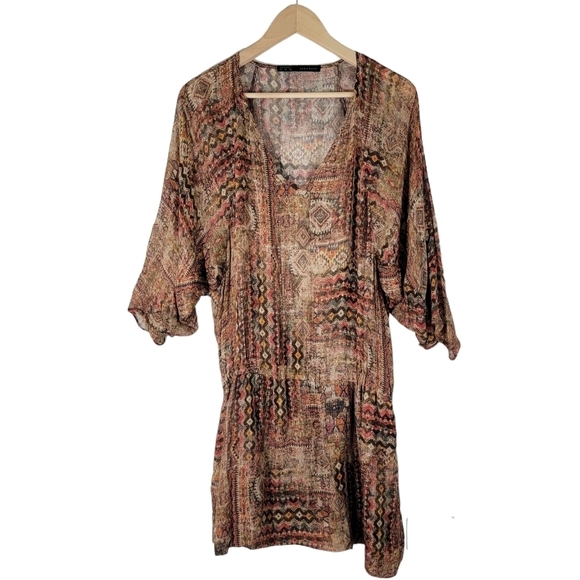 Zara Basic Brown Bohemian Dress Size M Wool Blend Gathered Waist Flutter Sleeve - Picture 1 of 11